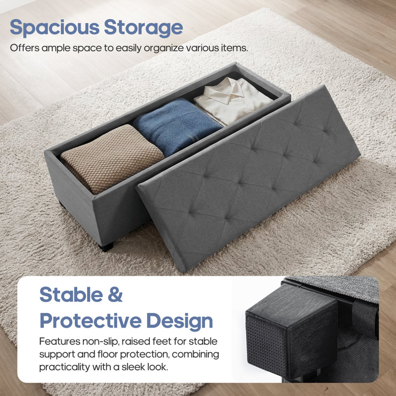 43.3" Tufted Storage Ottoman with Iron Frame, Faux Linen Bed End Bench with Metal Corner Protection, Dark Gray