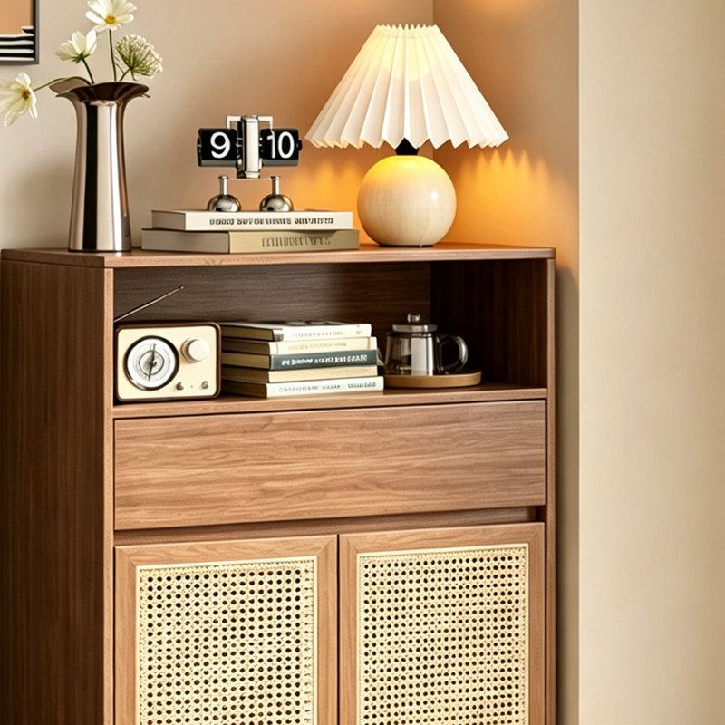 Armoire de rangement en bois massif tressé de rotin, Noyer