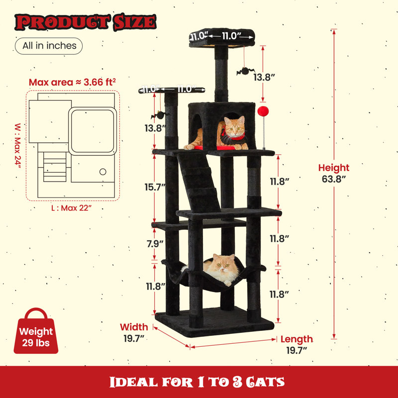 Grand condo 64 "pour chat, Noir, H 63,8 po x l 19,7 po x P 19,7 po