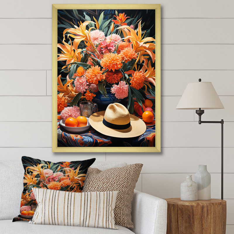 «Mexique Sombrero Floral Shades I», art mural mexicain, Cadre doré simple, H 44 po x l 34 po x P 1,5 po