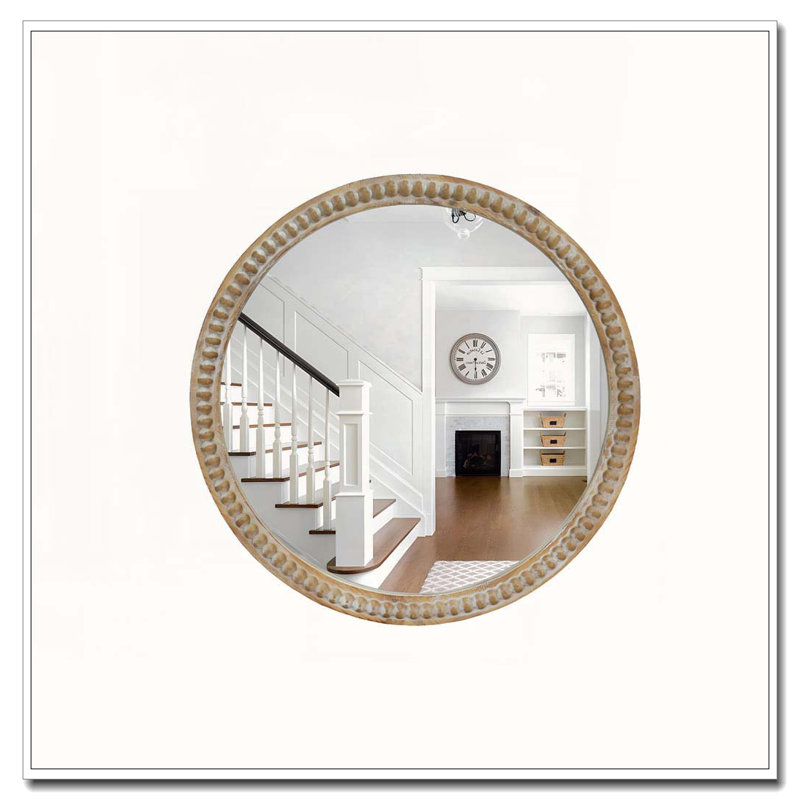 Round Decorative Wall Mirror, 31.5" Distressed Wood Beaded Frame Mirror For Entryway, Living Room, Bathroom, Farmhouse Style Accent Mirror