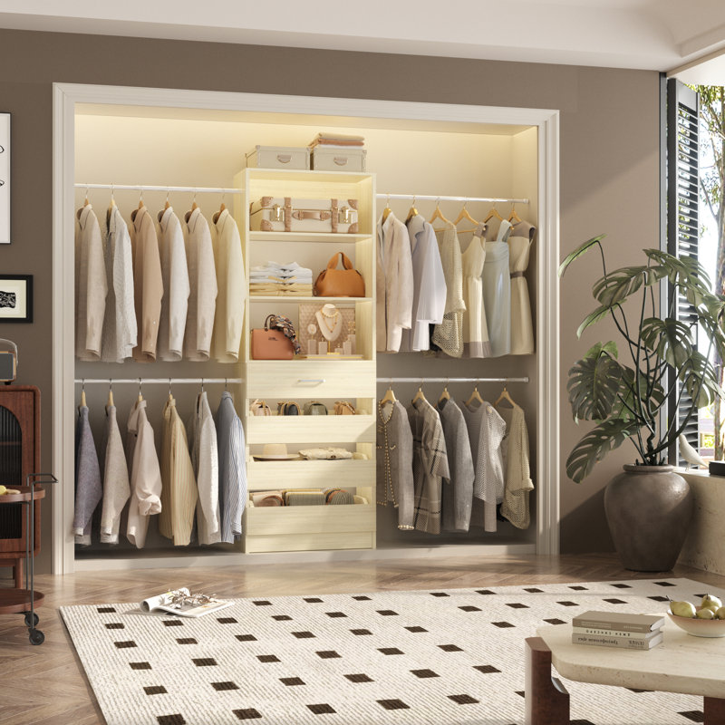 4-9Ft Closet Organizer With 4 Wooden Drawers And 4 Rods, Oak Wood