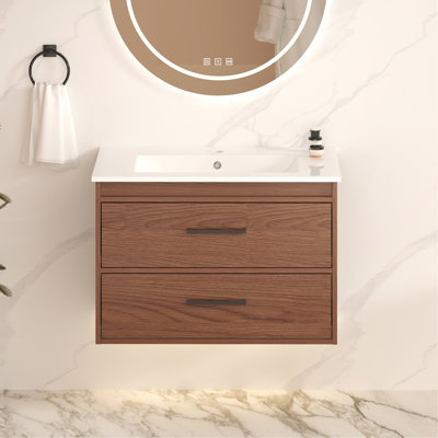 Ensemble de meuble-lavabo mural 30 po à 2 tiroirs, brun rougeâtre