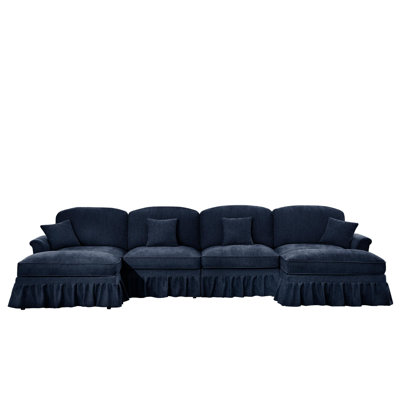 Classic U Shape 4 Seater Modular Sectional Sofa Couch with Flared Arms and Removable Ruffles Pleats Skirts and Spindle Legs, Chenille Deep Seat Cloud Sofa with Movable Ottomans