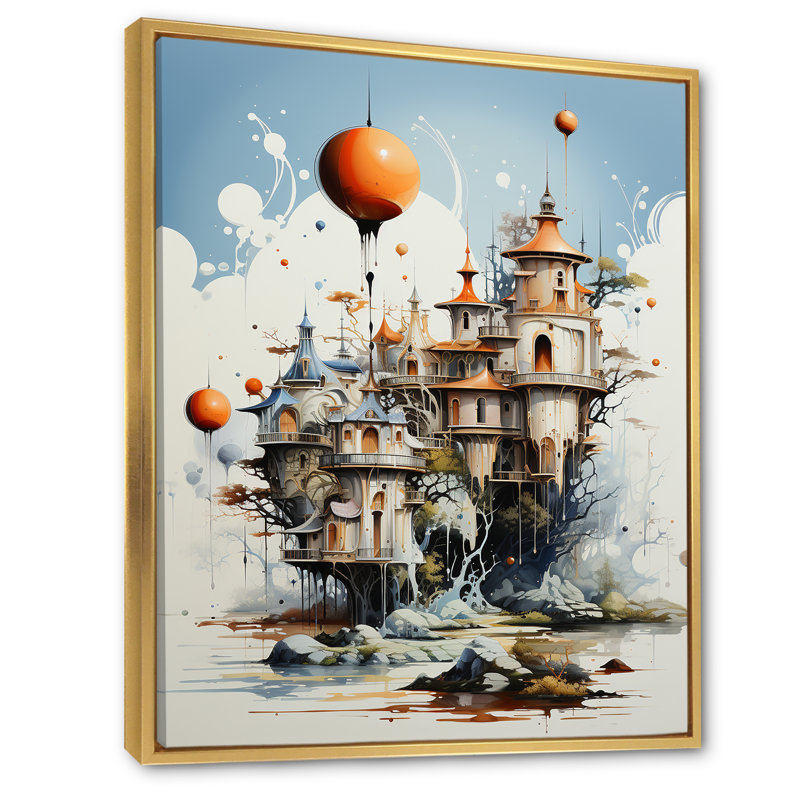Madaih surréalisme ville rêve vol imaginaire I, H 20 po x l 12 po x P 1 po, Cadre flottant doré