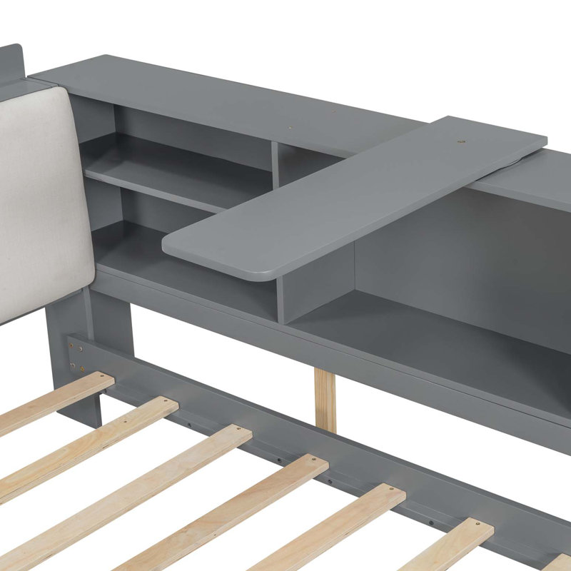 Lit plateforme en bois avec tête de lit, tablettes et 2 tiroirs, Gris