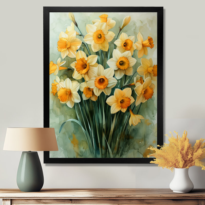 Bloom, orange, blanc, nature morte, jonquilles IV - jonquilles, impression d'art mural, Cadre photo noir, H 24 po x l 32 po