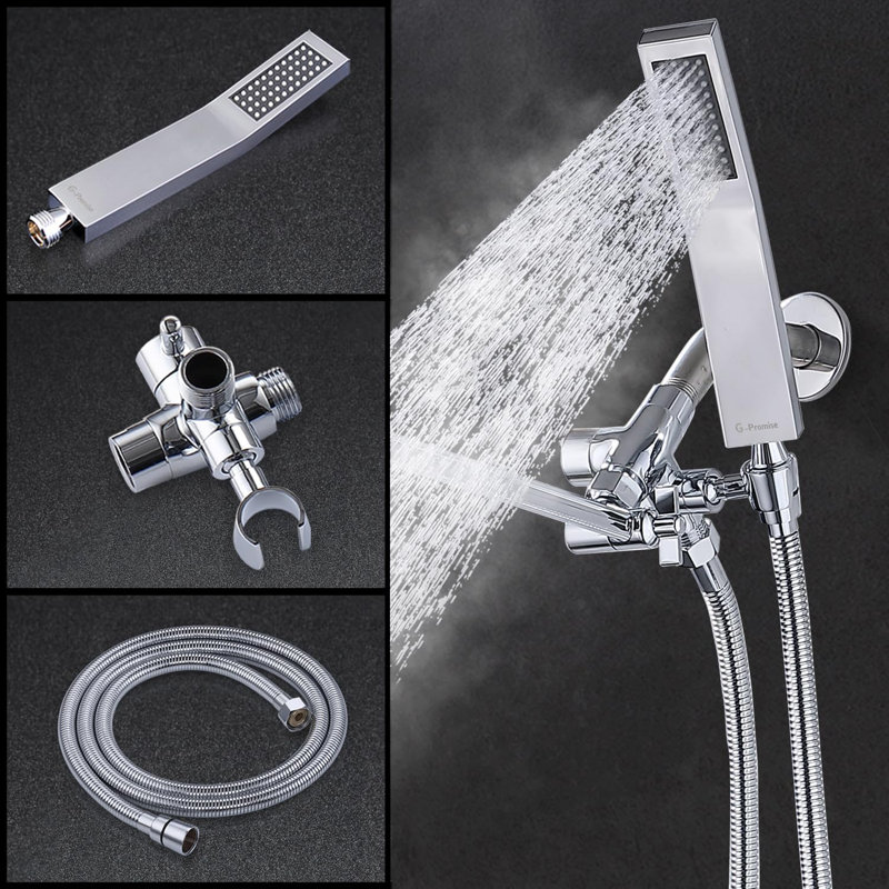Stainless Steel 8-Inch Dual Square Rain Shower Head With Handheld Wand, Extension Arm And Hose
