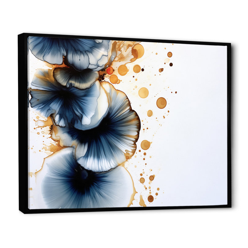 «Lovely Dreams Rhythms Gold & Denim Ink Clouds», reproduction d'art sur toile, Cadre flottant noir, 30" H x 40" W