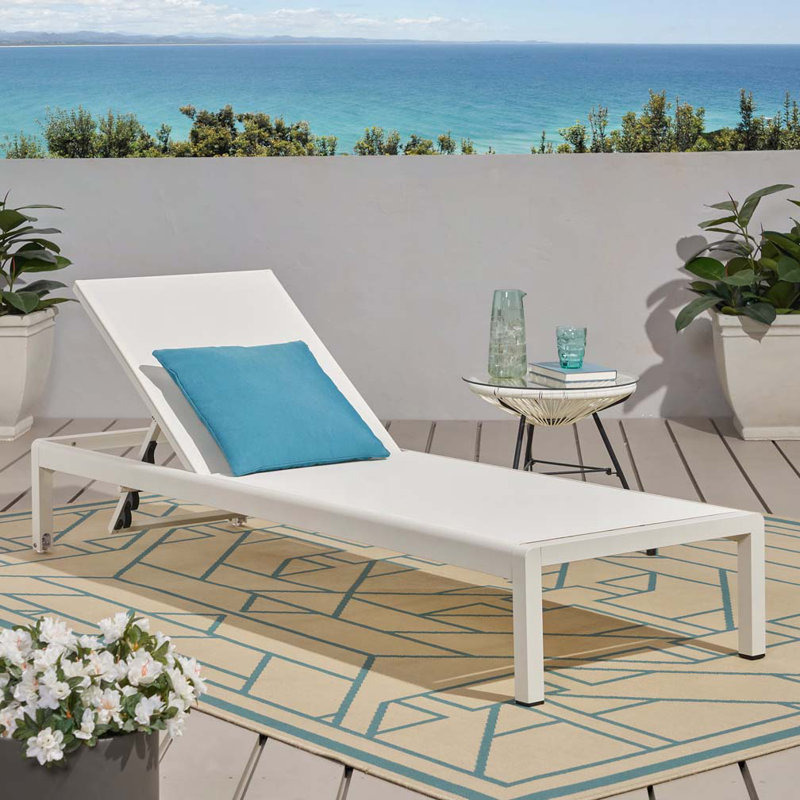 Outdoor Chaise Lounge with 5-Level Adjustable,Durable Aluminum Frame & PVC-coated polyester Mesh, White