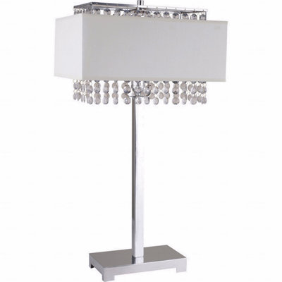 Table Lamp  - 28" Tall Metal  W/ Silver Finish, White Shade W/ Crystal Accent Material Accents