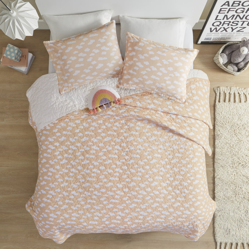 Dawn Sunshine Clouds Yellow/Coral 100% Cotton Reversible Quilt Set Twin, Twin Quilt + 1 Sham + 1 Throw Pillow
