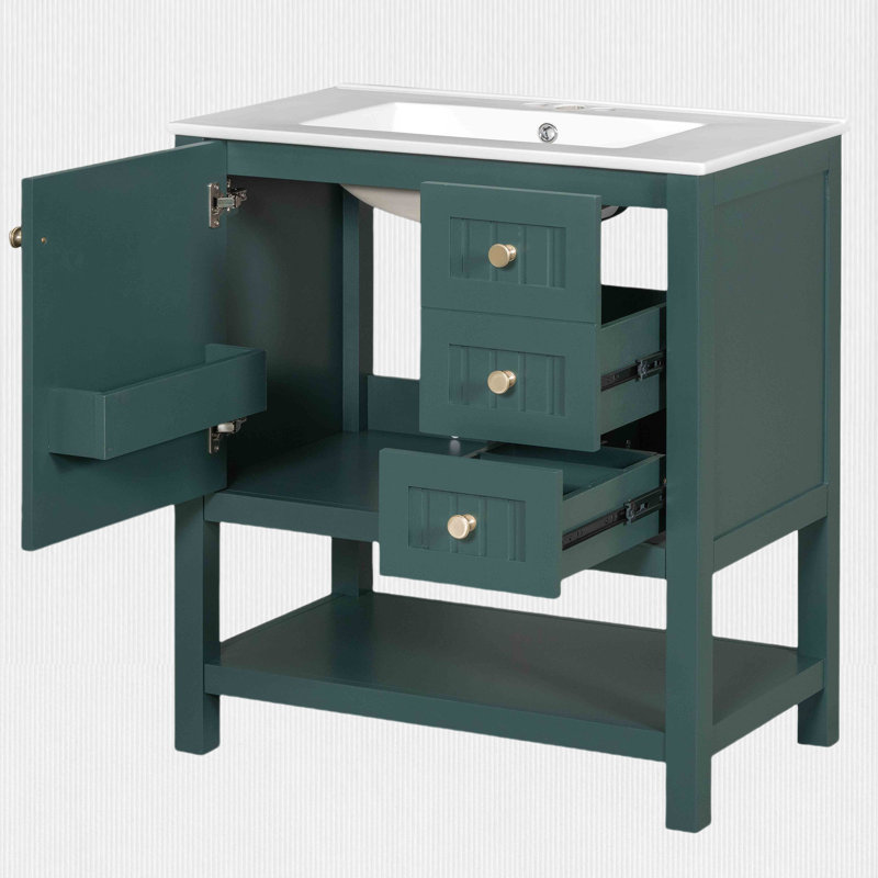 Armoire de salle de bain transitionnelle avec lavabo en céramique de 30 po Nazhir, Vert foncé