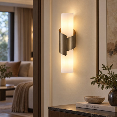 2-Light Wall Sconce, Brushed Antique Gold Bathroom Vanity Light with Frosted Glass Shades, 16.75" H Modern Wall Mount Lamp