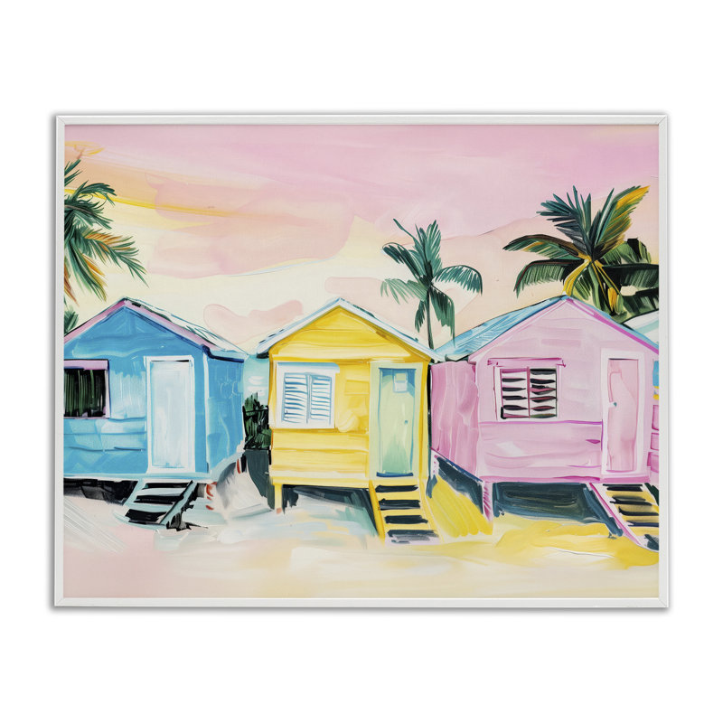 Giclée encadrée de cabines de plage tropicales pastel, design par Arlington Prints, H 16 po x l 20 po