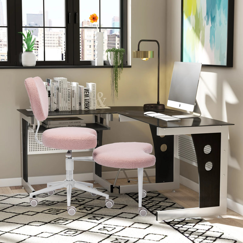 Chaise de bureau réglable à pieds croisés avec roulettes - Chaise de méditation et d'appoint avec support lombaire, Rose