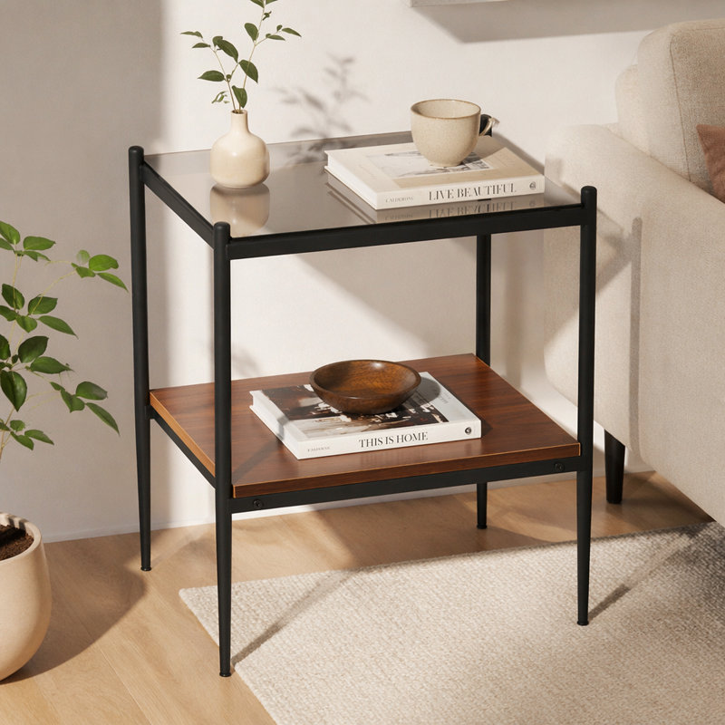 Table de bout rectangulaire polyvalente avec plateau en verre trempé et fabrication en panneau de fibres à densité moyenne durable pour le salon