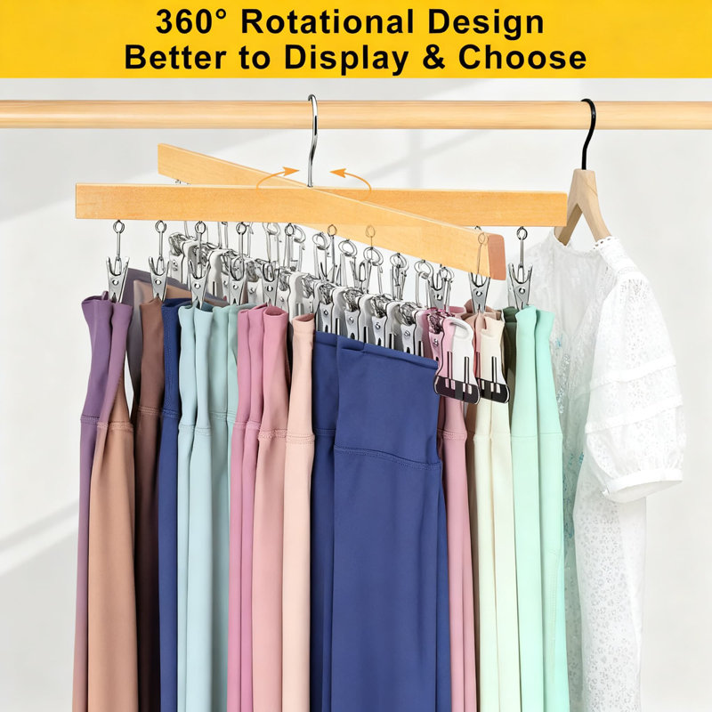 Organisateur de jambes peu encombrant avec cintres pivotants à 360 °, pouvant contenir 20 pantalons, jeans, shorts, chapeaux, chaussettes, pinces antidérapantes, solution de rangement pour garde-robe en bois