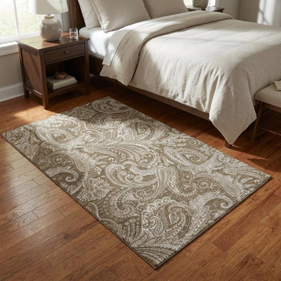 Tapis lavable en cachemire chocolat et ivoire 3 pi x 5 pi avec protection UV