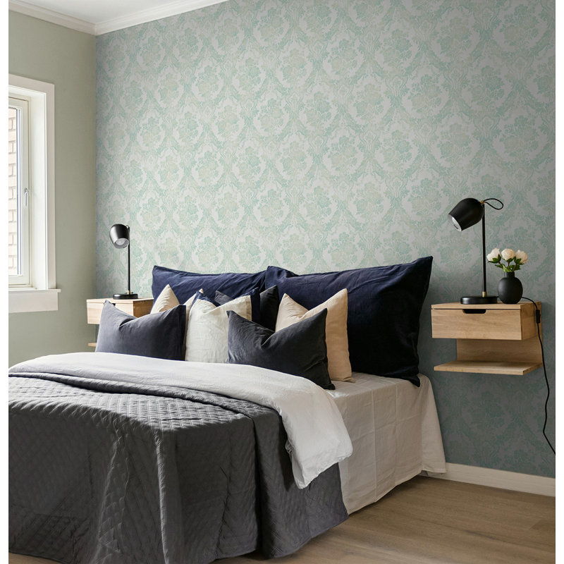 Seabrook Designs Chateau Damask Unpasted Wallpaper, Metallic Seafoam