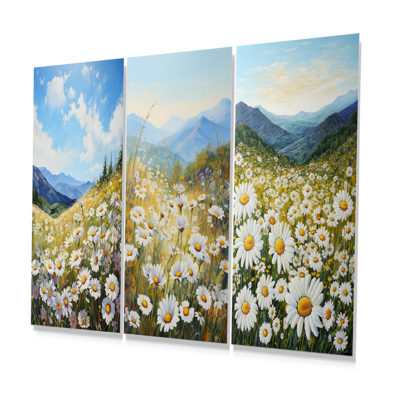 Mountain Daisies On Hill - Floral Landscape Metal Wall Art Prints Set Of 3, 28" H x 36" W