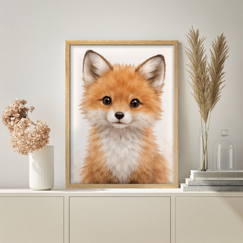 Cute Fox Portrait Framed Wall Art Prints - Adorable fluffy fox illustration, for nursery or kids room, H 14 po x l 11 po