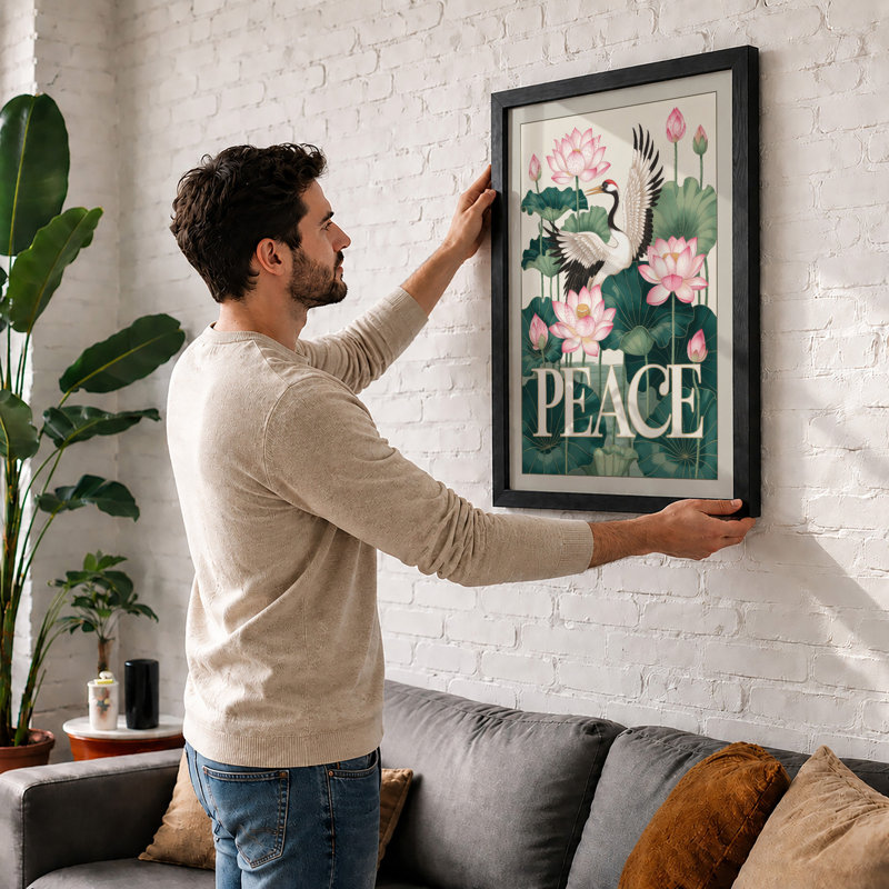 Crane Among Lotus Japandi - Framed Print, Unframed, A1 - 84.1 x 59.4 cm