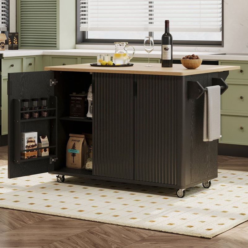 51" Fluted Kitchen Island with Drop Leaf, Internal Storage Rack & Waveform Fluted Panel