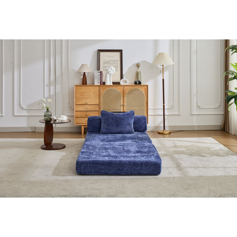 Canapé à compression, canapé-lit à plancher convertible à structure fixe, canapé modulaire à assise simple sans os, sans assemblage requis, tissu chenille, pour chambre à coucher de salon, bleu foncé