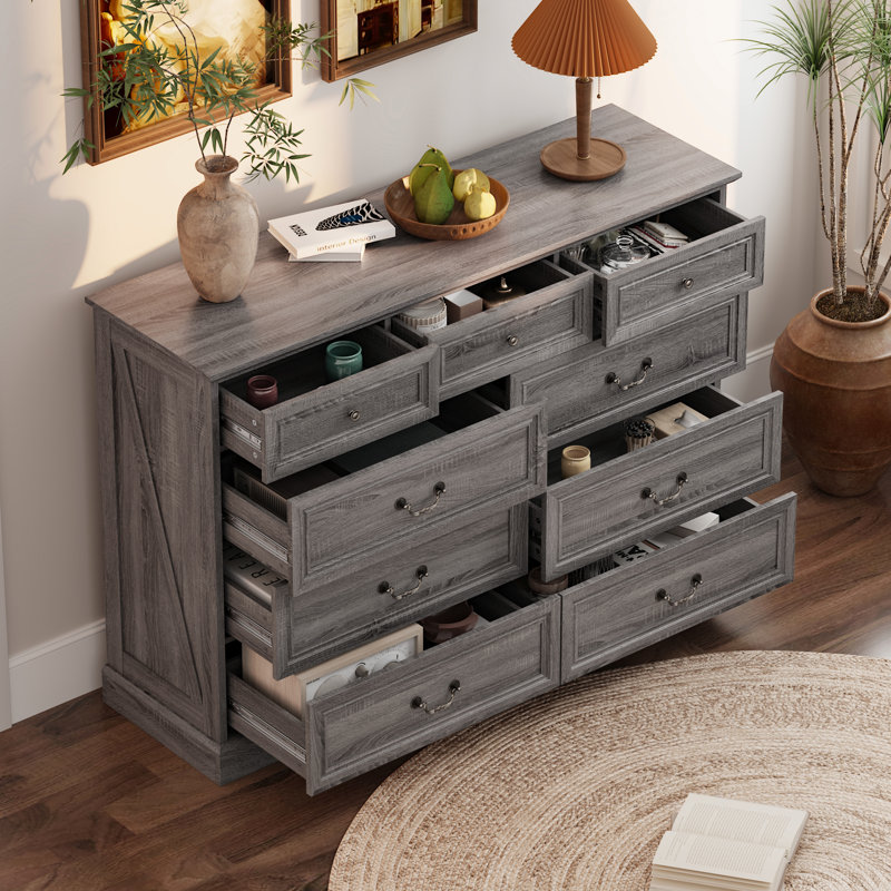 Commode de rangement classique à 9 tiroirs, Gris / grain de bois gris