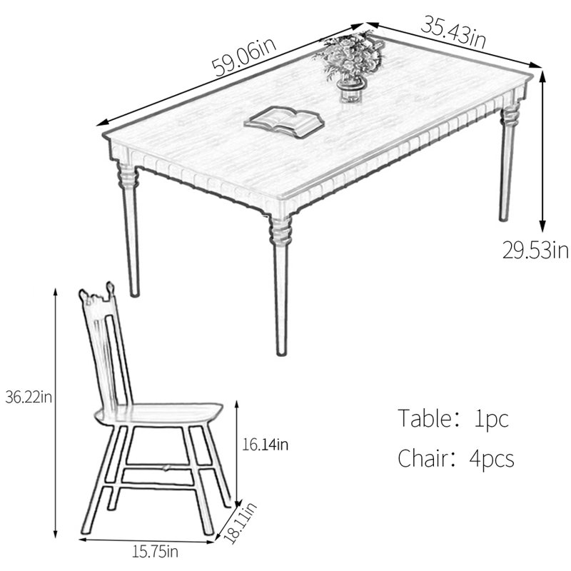 Rubber wood solid wood dining table set, 29.53"H x 59.06"L x 35.43"W, Tan