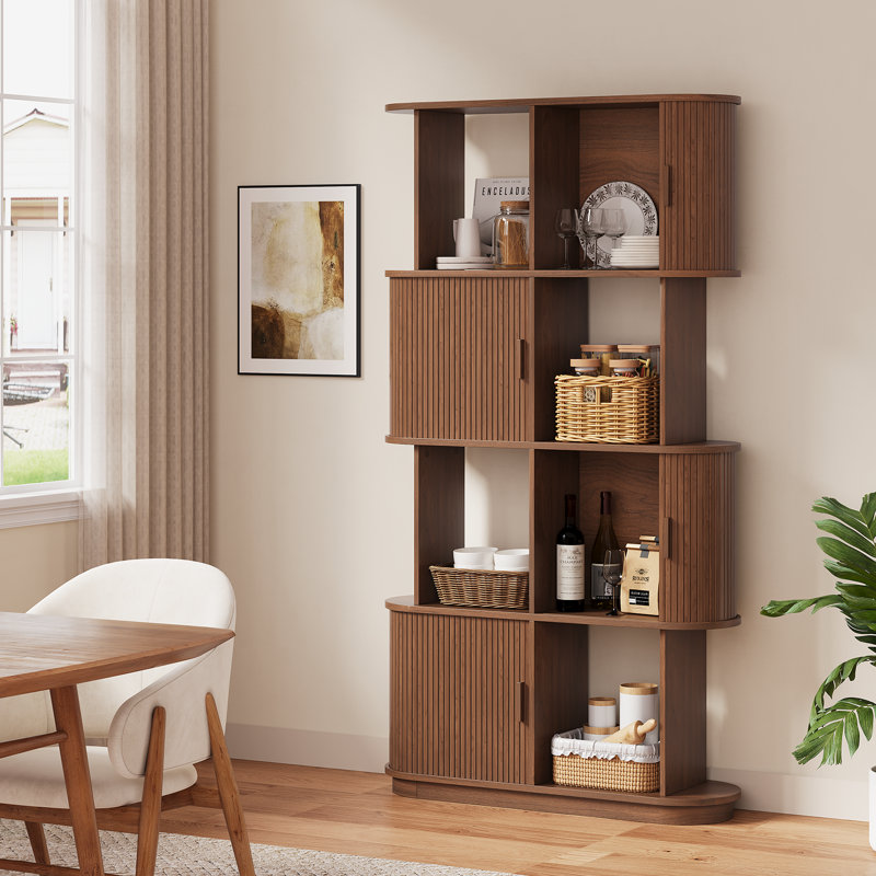 71" H  Mid-Century Bookcase, 4 Tier S-Shaped With 4 Storage Cabinets And Sliding Tambour Door For Living Room, Home Office