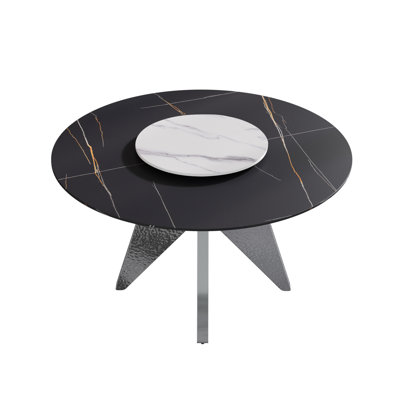 53" Round Sintered Stone Dining Table, Stainless Steel Silver Base, 23.62" White Turntable, Fire , Accommodates 6 Table With Base & Turntable For People, Heat