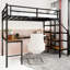 Lit mezzanine simple en fer noir avec garde-corps 360, rampe à ceinture continue, cadre et compartiments de rangement pour les escaliers de chambre à coucher, bureau en L à espaces multiples-1578141133
