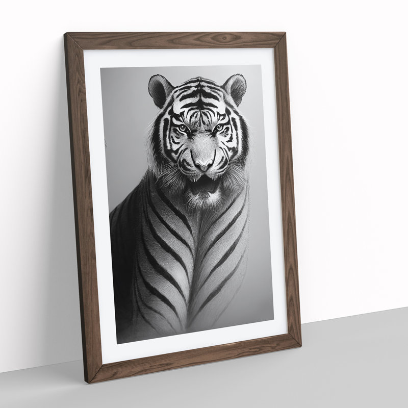 Monochrome Tiger No.6 - Wall Art, 46cm H x 34cm W x 2cm D, Walnut Framed
