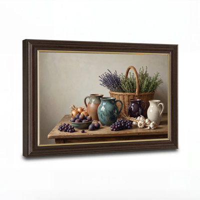 Tableau sur toile représentant des fruits et légumes frais et des pichets en céramique sur une table en bois