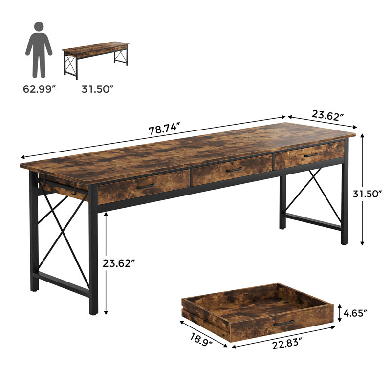 Tayesha 78.74'' W Double Computer Desk, Two Person Desk with 3 Drawers & 4 Hooks, Brown