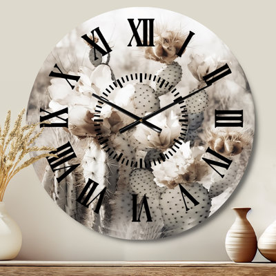 Cream Desert Cactus - Floral Cactus Black Face Wall Clock