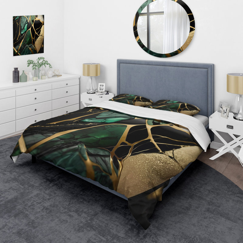 Abstract Geode Green III - Ensemble de housse de couette moderne - Polyester microfibre