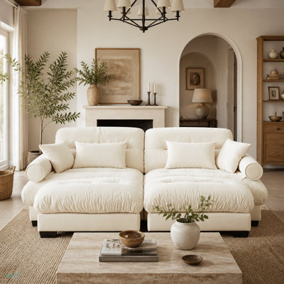 Canapé surdimensionné à deux places moderne avec pouf, en velours, avec accoudoirs ronds et coussins décoratifs, coussin lombaire inclus, idéal pour un coin lecture, un loft ou une chambre.