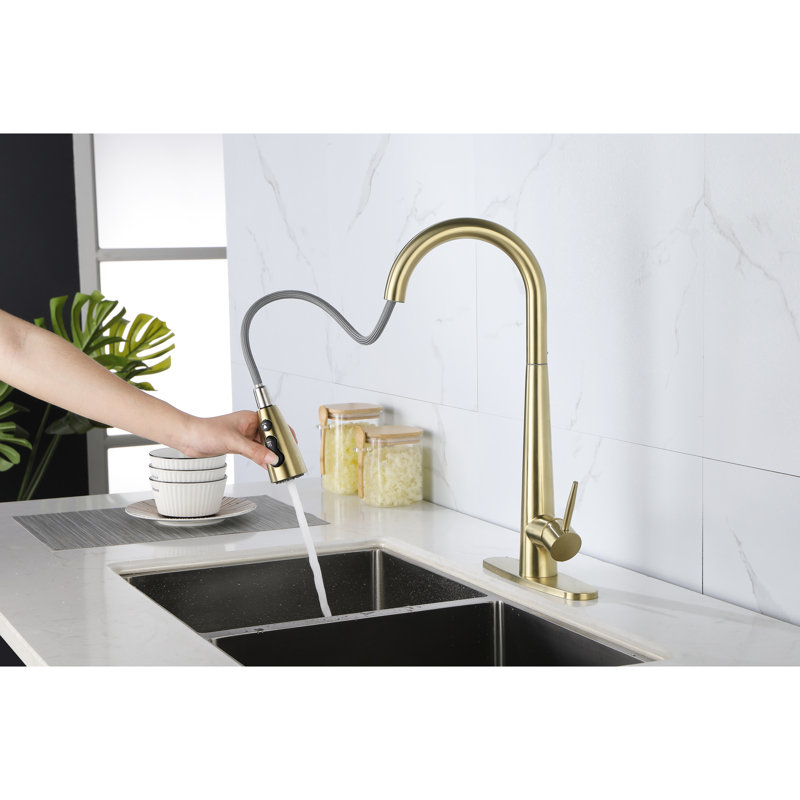 Robinet de cuisine doré avec tirette - empreinte digitale, installation sur une plate-forme à un trou, douchette pivotante à 360 °, douchette rétractable en acier inoxydable doré, fixation, bec rotatif, acier