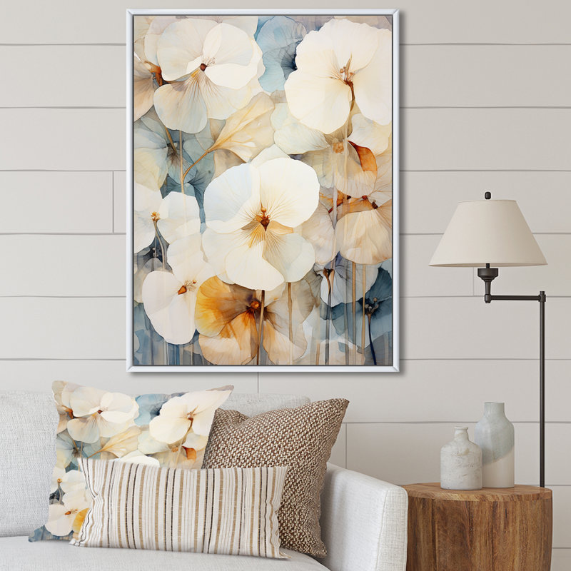 Violettes ornées de beige et de bleu sur toile, Cadre flottant blanc, H 40 po x l 30 po x P 1,5 po