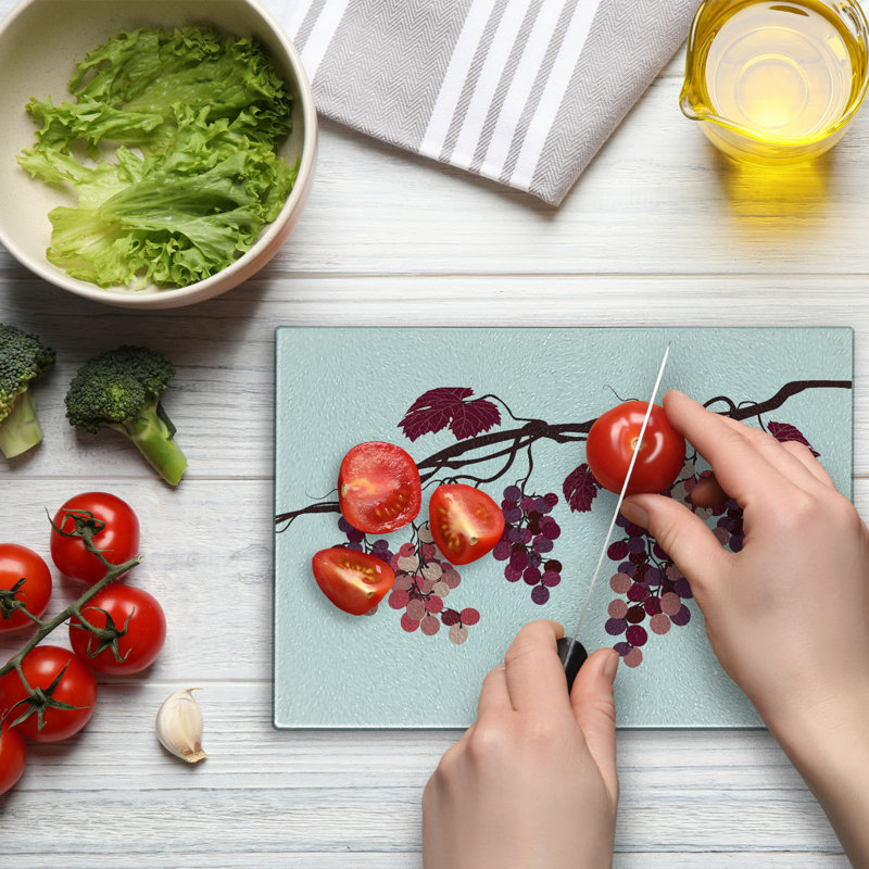 Fruit Tempered Glass Cutting Board Vine Colours Grape Branch Art Dark Fuchsia and Dark Mauve