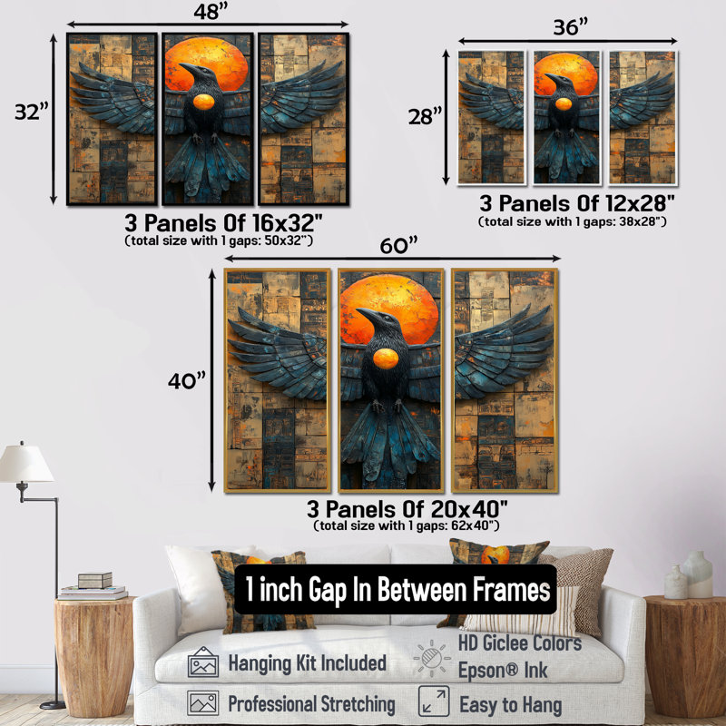 «Black Moon Native Raven II - Native American Art Totem», reproduction d'art, Toile argentée avec cadre flottant
