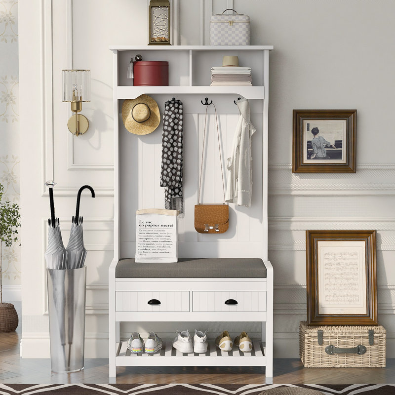 Arbre d'entrée Clister 33,63 po de large avec banc et rangement pour chaussures, Blanc