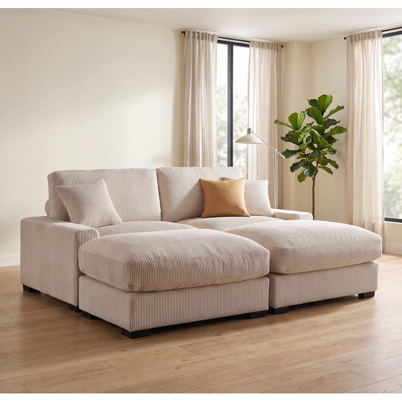 Canapé surdimensionné deux places de 215 cm avec 2 poufs et 2 coussins beiges pour canapé-lit de salon, beige