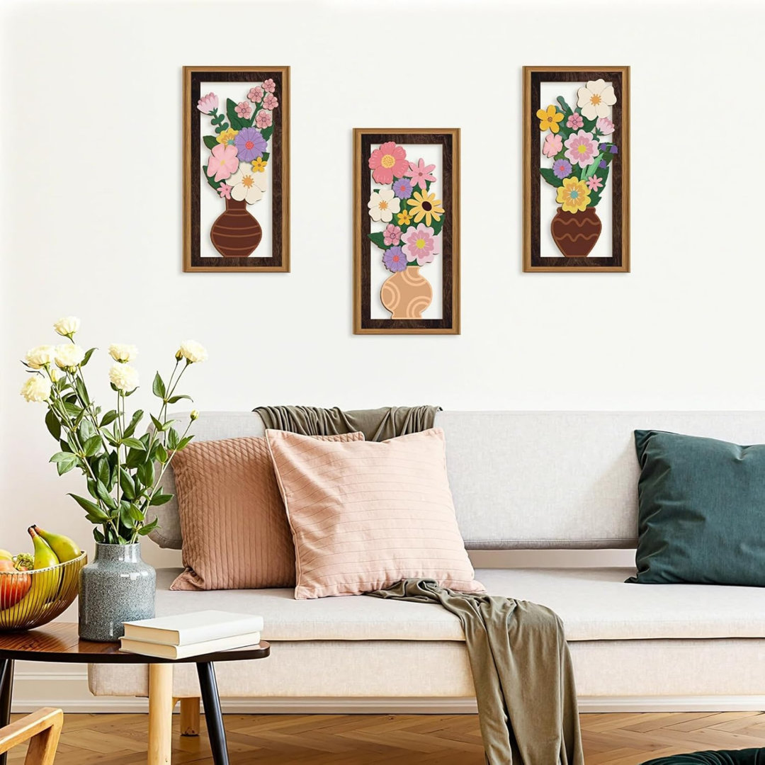 3 Pcs Boho Flower Wall Decor Boho Flower Wood Wall Art Bohemian Floral Artwork Wooden Pink Wildflower Wood Art Set Flowers