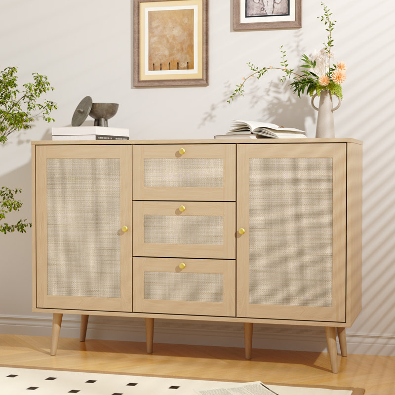 Rattan Buffet Cabinet With Drawers, Boho Sideboard Buffet With Adjustable Shelf, Modern Mid Century Accent Storag Cabinet For Living Room, Entryway, Kitchen, Oak