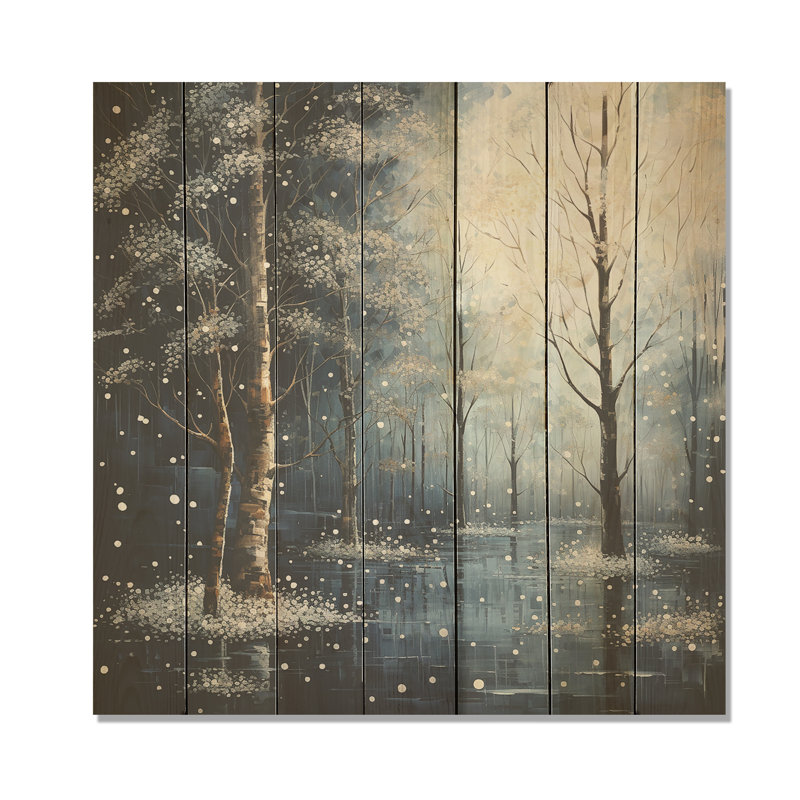 «Blue Forest Tranquility In Winter III» - impression de fruits sur bois, H 15 po x l 15 po