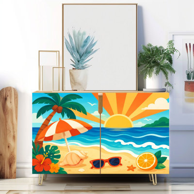 Buffet étroit de 35,4 po de largeur - armoire de rangement décorative à 2 portes avec imprimé de palmiers tropicaux multicolores et pieds en métal